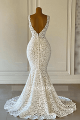 Designer Long Mermaid V-neck Sleeveless Wedding Dresses With Lace