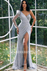 Designer Long One Shoulder Glitter Prom Evening Dresses With Sleeves