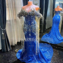Designer Long Pink Mermaid Off-the-shoulder Beaded Crystal Prom Dress