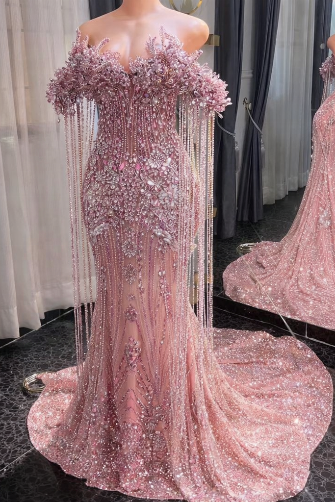 Designer Long Pink Mermaid Off-the-shoulder Beaded Crystal Prom Dress misshow.com Designer Long Pink Mermaid Off-the-shoulder Beaded Crystal Prom Dress misshow.com