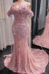 Pink off-the-shoulder beaded mermaid prom dress