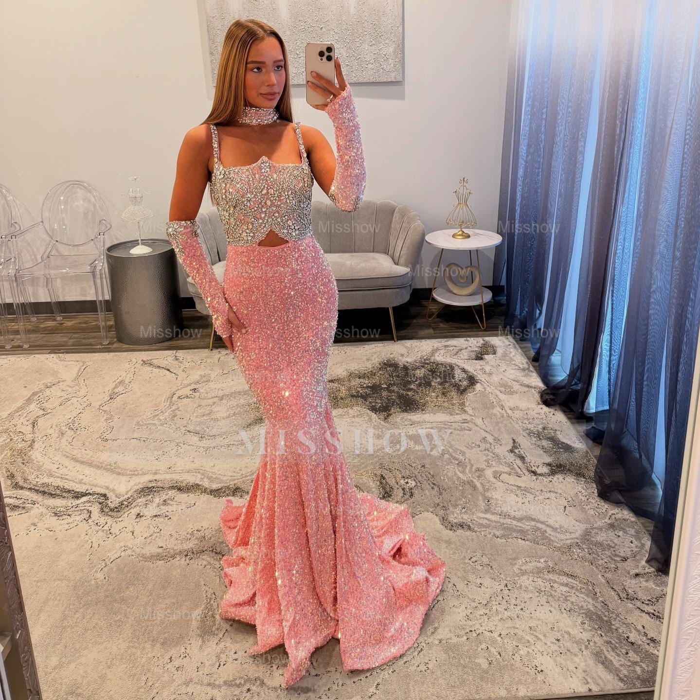 Designer Long Pink Mermaid Sequined Prom Dress with Gloves