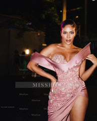 Designer Long Pink Mermaid Sexy Beading Sleeveless Prom Dress With Slit