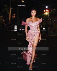 Designer Long Pink Mermaid Sexy Beading Sleeveless Prom Dress With Slit