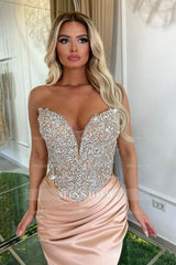 Designer Long Pink Mermaid V-neck Strapless Lace Satin Prom Evening Dresses with Rhinestones