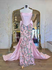 Designer Long Pink Strapless Mermaid Beaded Lace Prom Dress with Bow