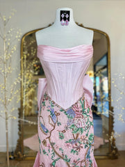 Designer Long Pink Strapless Mermaid Beaded Lace Prom Dress with Bow