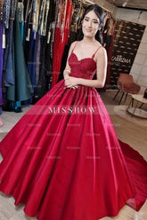 Designer Long Red A-line Spaghetti Straps Lace Princess Wedding Dress