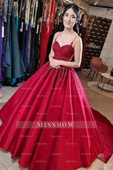 Designer Long Red A-line Spaghetti Straps Lace Princess Wedding Dress