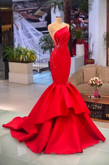 Designer Long Red Sleeveless Mermaid Prom Evening Dresses