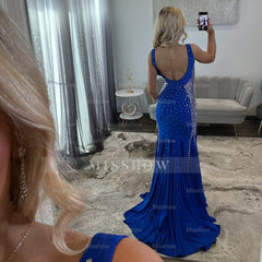 Designer Long Royal Blue Mermaid Sleeveless Glitter Prom Dress with Slit