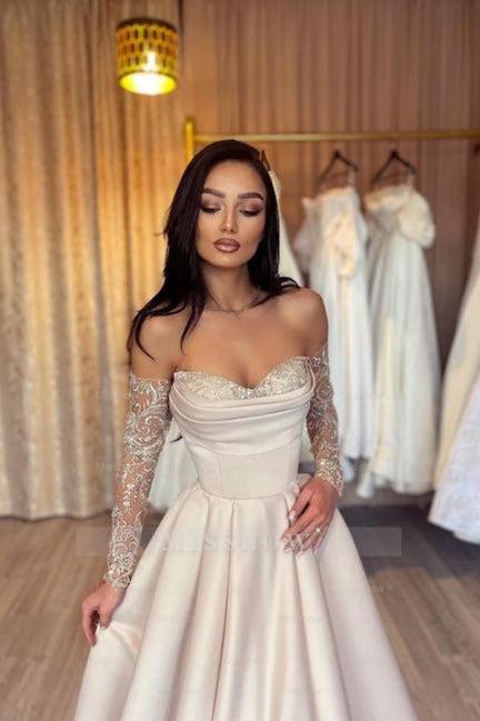 Designer Long Simple A-line Sweetheart Sequined Satin Prom Evening Dresses With Sleeves