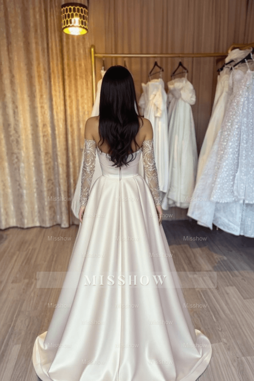 Designer Long Simple A-line Sweetheart Sequined Satin Prom Evening Dresses With Sleeves