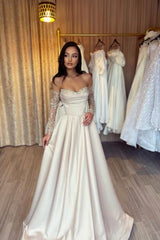 Designer Long Simple A-line Sweetheart Sequined Satin Prom Evening Dresses With Sleeves