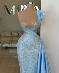 Designer Long Sky Blue One Shoulder Sequined Prom Dress With Lace