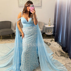 Designer Long Sky Blue Sweetheart Mermaid Prom Dress with Lace and Beads