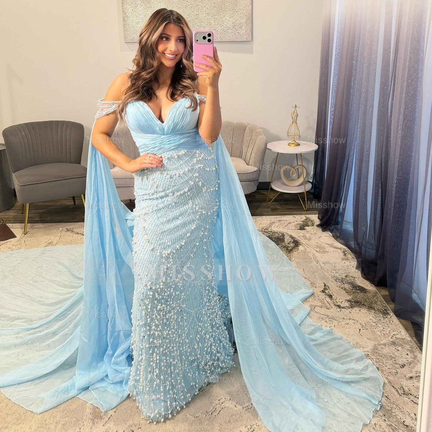 Designer Long Sky Blue Sweetheart Mermaid Prom Dress with Lace and Beads