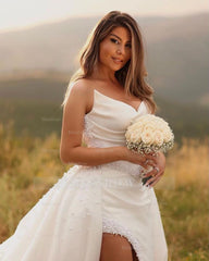 Designer Long White A-line Wedding Dress Hight Split Sleeveless V-neck Satin Bridal Gowns