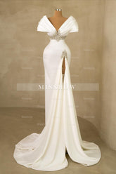 Designer Long White Mermaid Off-the-shoulder Jewels Wedding Dress with Slit