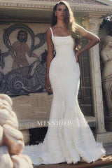 Designer Long White Mermaid Spaghetti Straps Satin Wedding Dress