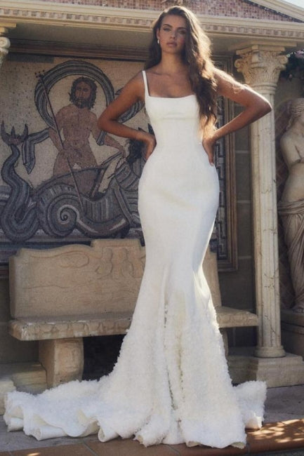 Designer Long White Mermaid Spaghetti Straps Satin Wedding Dress
