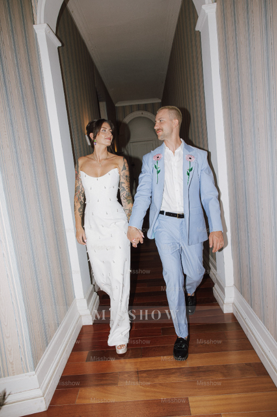 Designer Long White Strapless Column Satin Wedding Dress