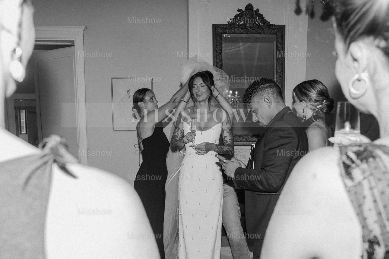 Designer Long White Strapless Column Satin Wedding Dress