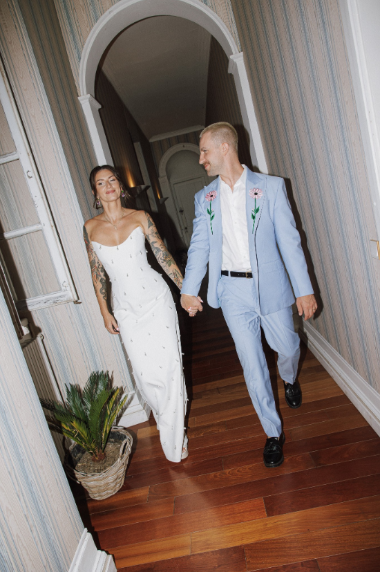 Designer Long White Strapless Column Satin Wedding Dress