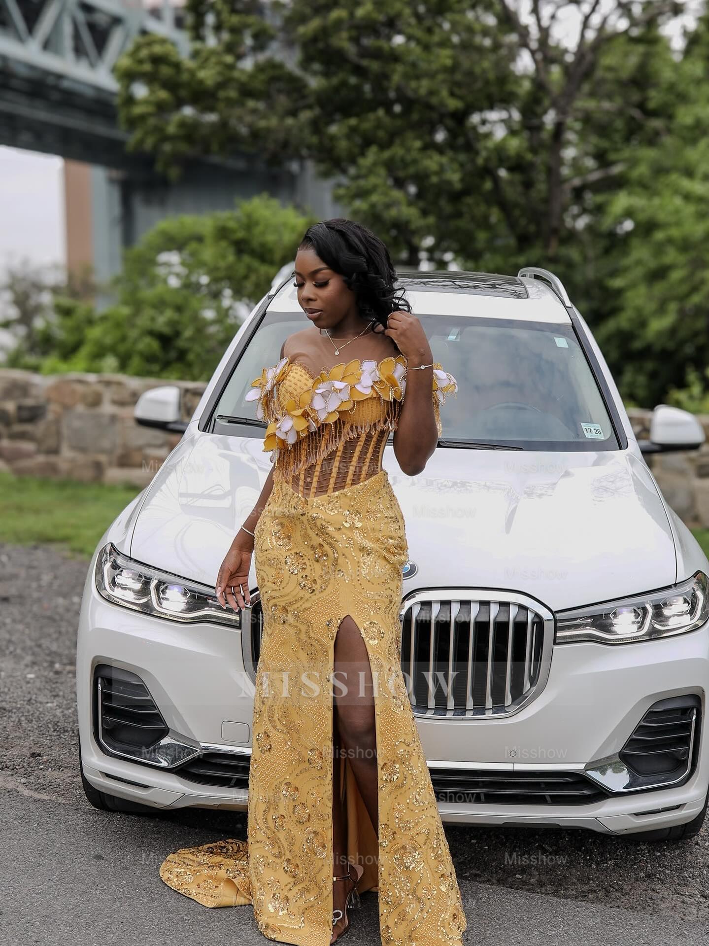 Designer Long Yellow Off-The-Shoulder Sleeveless Mermaid Prom Dress with Slit and Sequins