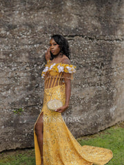 Designer Long Yellow Off-The-Shoulder Sleeveless Mermaid Prom Dress with Slit and Sequins