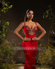 Designer Mermaid Satin Off-The-Shoulder Sleeveless Red Prom Dress With Rhinestone