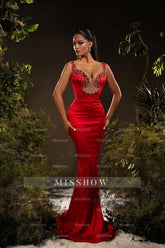Designer Mermaid Satin Off-The-Shoulder Sleeveless Red Prom Dress With Rhinestone