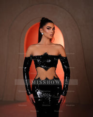 Designer Mermaid Strapless Long Sleeve Sequined Black Prom Dress