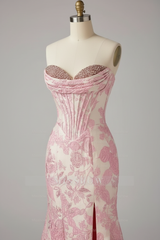 Designer Pink Floral Embroidered Mermaid Prom Dress with Crystal Beaded Corset
