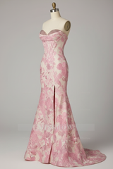 Designer Pink Floral Embroidered Mermaid Prom Dress with Crystal Beaded Corset