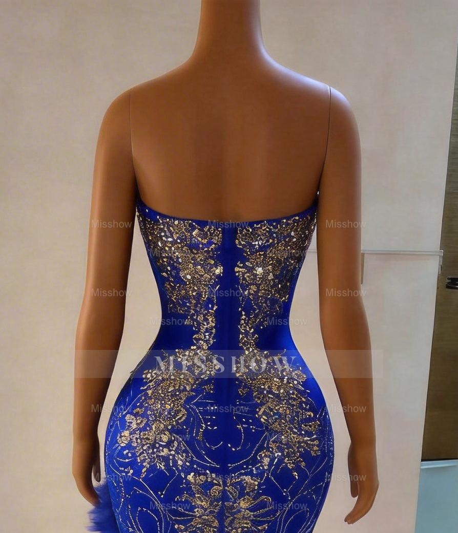 Designer Royal Blue Strapless Long Mermaid Lace Split Front Prom Dress with Veil and Ruffles