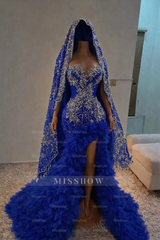 Designer Royal Blue Strapless Long Mermaid Lace Split Front Prom Dress with Veil and Ruffles