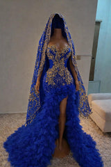 Designer Royal Blue Strapless Long Mermaid Lace Split Front Prom Dress with Veil and Ruffles