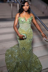 Designer Sage Long Mermaid Lace Beaded Sleeveless Prom Dress