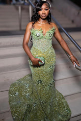 Green strapless beaded mermaid prom dress