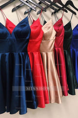 Designer Short A-line Spaghetti Straps Sleeveless Ruffles Satin Openback Homecoming Dresses