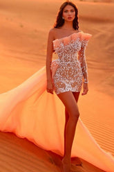 Designer Short Coral One Shoulder Long Sleeve Lace Prom Evening Dresses with Pearls