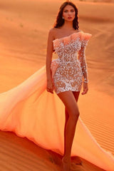 Designer Short Coral One Shoulder Long Sleeve Lace Prom Evening Dresses with Pearls