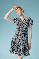 Designer Short Glitter V-neck Dress with Puff Sleeves