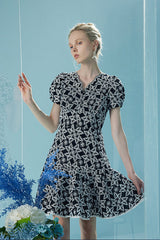 Designer Short Glitter V-neck Dress with Puff Sleeves