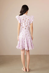 Designer Short Ivory V-neck Lace Dress with Flutter Sleeves