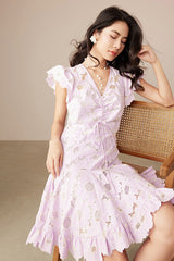 Designer Short Ivory V-neck Lace Dress with Flutter Sleeves
