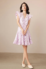 Designer Short Ivory V-neck Lace Dress with Flutter Sleeves