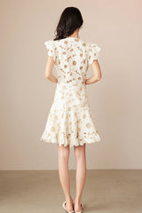 Designer Short Ivory V-neck Lace Dress with Flutter Sleeves
