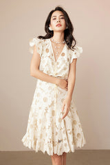 Designer Short Ivory V-neck Lace Dress with Flutter Sleeves